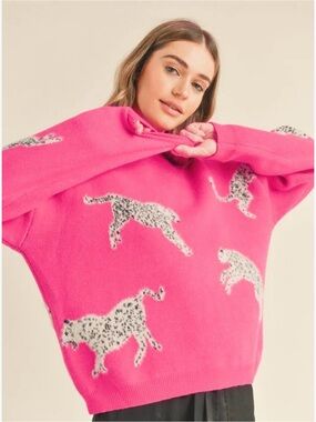 &Merci All Over Print Leopard Pink Pull Over Sweater Fuzzy Teacher Fun